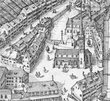 In der rechten Ecke oben ist das Kloster (D) erkennbar, davor die Kirche «Notre Dame». Ansicht vom Süden. Detail des Panoramas von Freiburg, graviert 1606 von Martin Martini